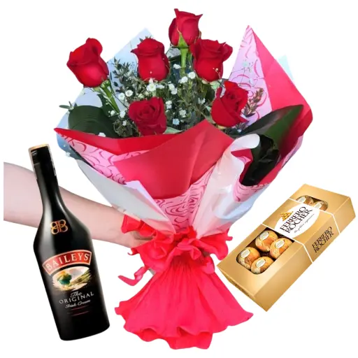 Ramo de 6 rosas importadas con chocolates y baileys 